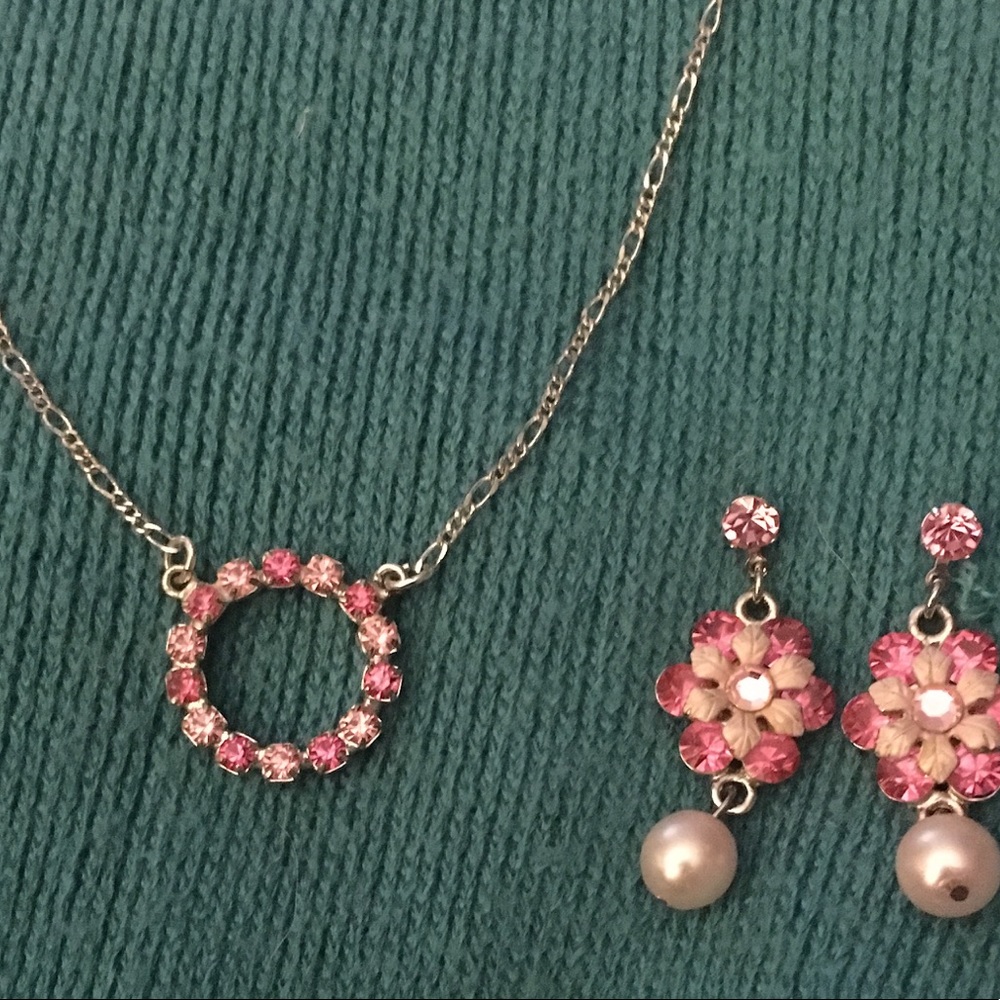 Pink floral necklace and earrings